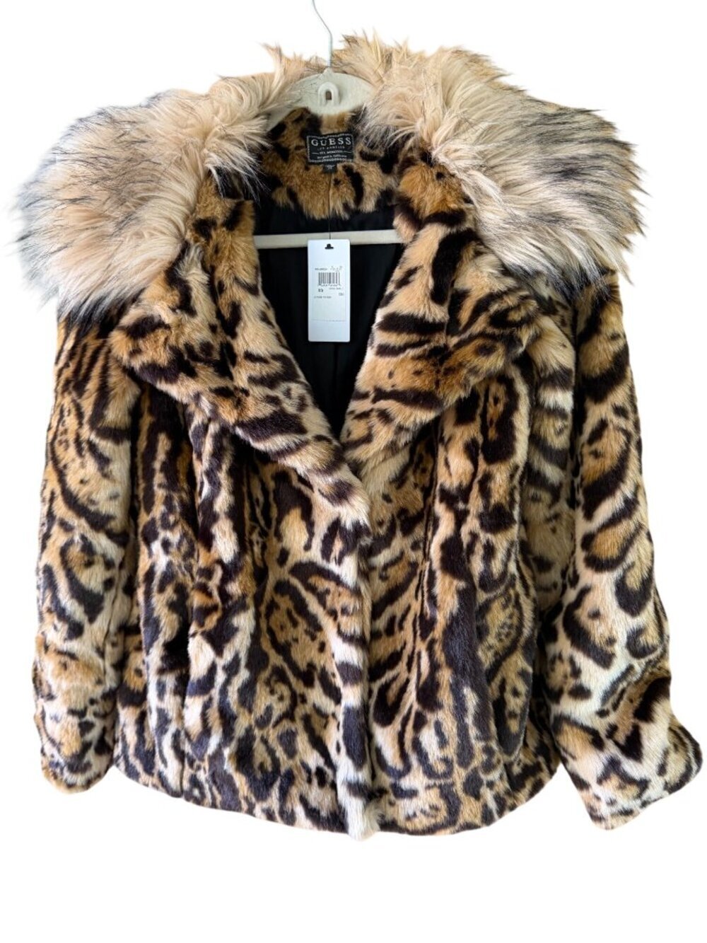Guess Womens Faux Fur Bold Allover Leopard Coat Phoebe Size XS Brown Casual New